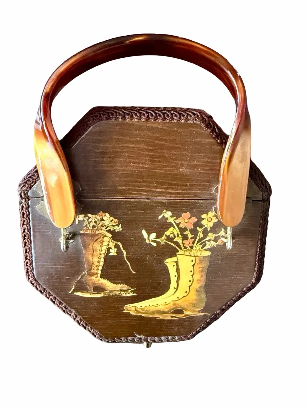 Vintage Handmade Wooden Duck Decoupage Box Purse Lucite Handle, folk art - Picture 7 of 17